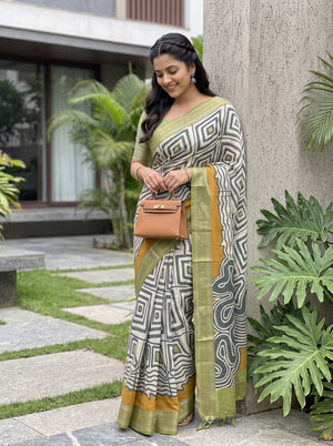 Pure Chanderi Ivory Black Abstract Wave Geometric Print Saree