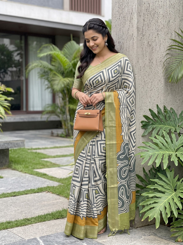Pure Chanderi Ivory Black Abstract Wave Geometric Print Saree