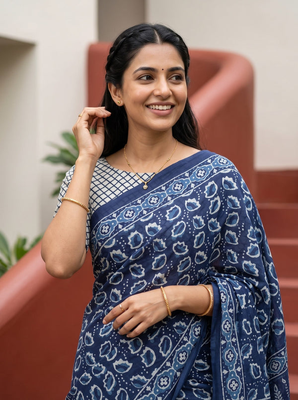 Cotton Navy Blue Saree with Bagru Leaf Block Print