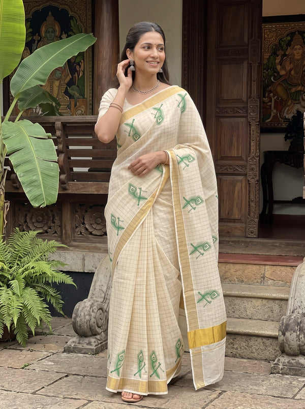 Tissue Cream Peacock Feather Print Kerala Saree with Golden Zari Border
