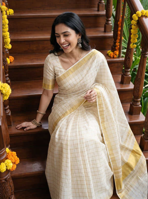 Tissue Cream Gold Checkered Onam Special Kerala Saree