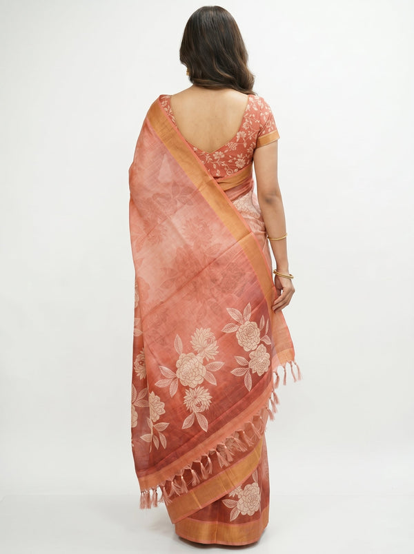 Linen Peach Floral Printed Saree