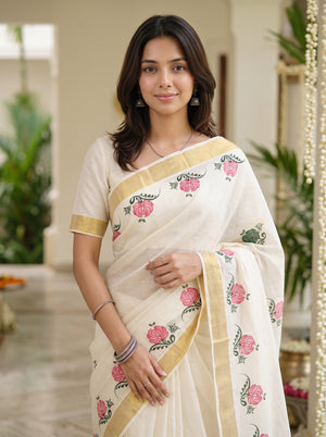 Cotton Cream Printed Floral Kerala Saree with Pink Lotus Motif