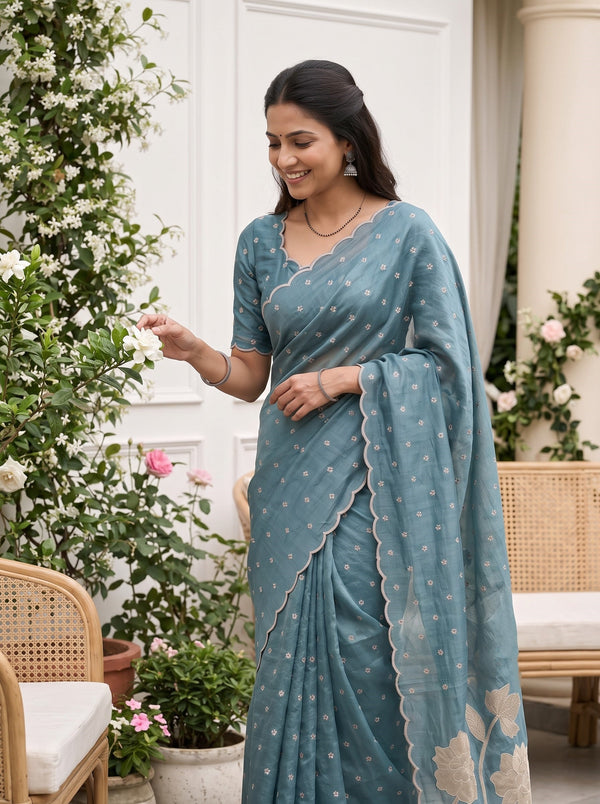 Organza Teal Blue Floral Vine Embroidery Saree with Scalloped Border