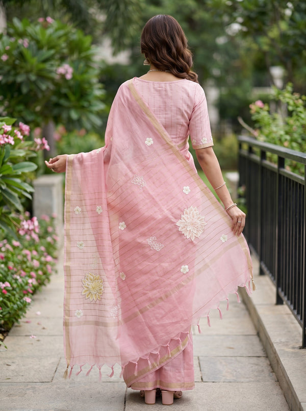 Pure Chanderi Pink Floral Embroidery Chrysanthemum Motif Fringe Saree