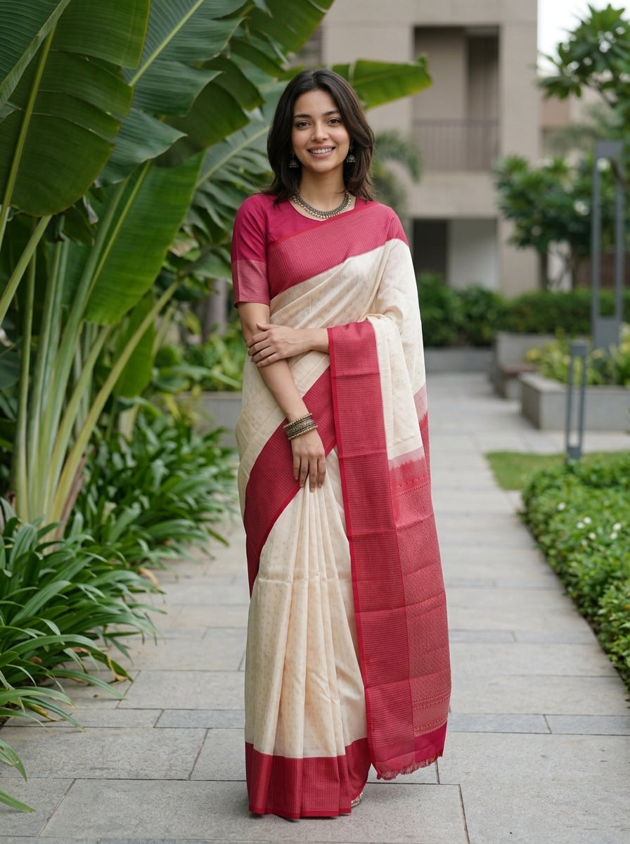 Kanjivaram Silk Off-White Saree with Red Contrast Border & Zari Motif