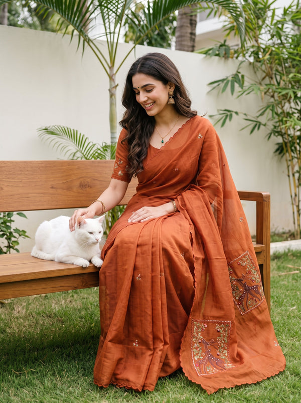 Chanderi Rust Deer Print Floral Embroidered Sequin Panel Pallu Saree