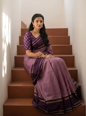 Synthetic Purple Dual Tone Checked Gold Zari Striped Saree