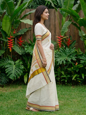 Cotton White Golden Butta with Red Black Temple Border Onam Special Kerala Saree