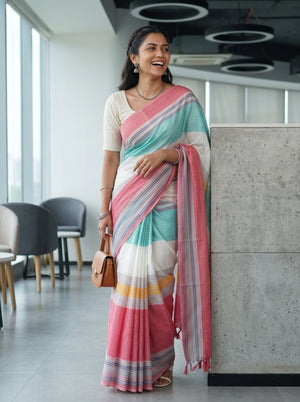 Cotton Pink and Multicolor Wide Striped Pallu Red Tassels Saree