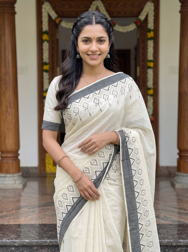 Cotton Off-White Grey Aztec Print Onam Special Kerala Saree