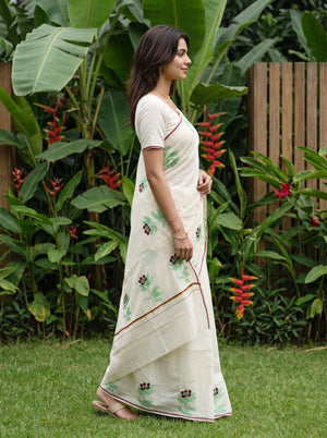 Cotton Cream Floral Printed with Green Leaf & Maroon Flower Motifs Onam Special Kerala Saree