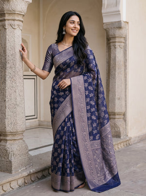 Banarasi Silk Navy Blue Floral Leaf Print Saree with Zari Border