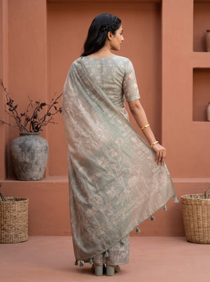 Mul Chanderi Sage Green Saree with Watercolor Floral Outline Print