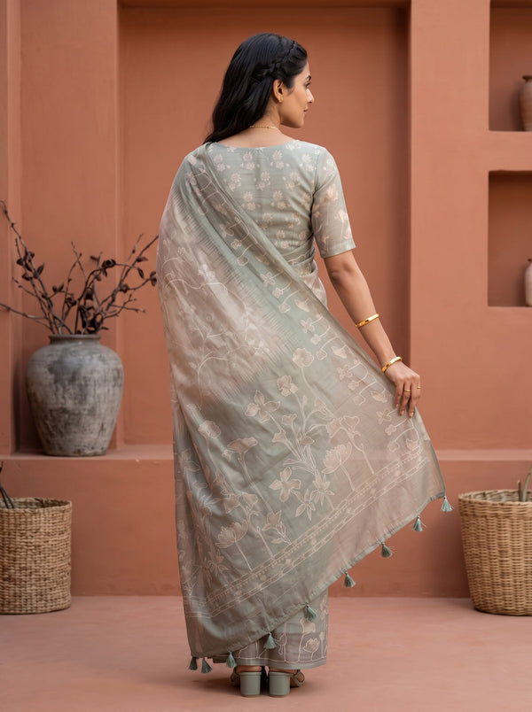 Mul Chanderi Sage Green Saree with Watercolor Floral Outline Print
