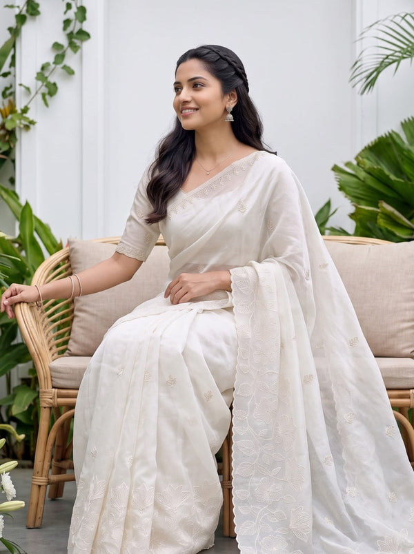 Organza Ivory Saree with Tonal Floral Vine and Sequin Work