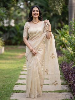 Linen Cream Saree with Golden Beadwork Floral Sprig Motifs and Scallop Border