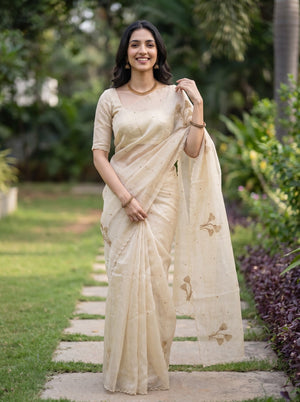 Linen Cream Saree with Golden Beadwork Floral Sprig Motifs and Scallop Border