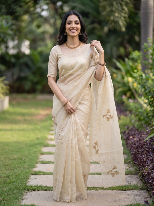 Linen Cream Saree with Golden Beadwork Floral Sprig Motifs and Scallop Border