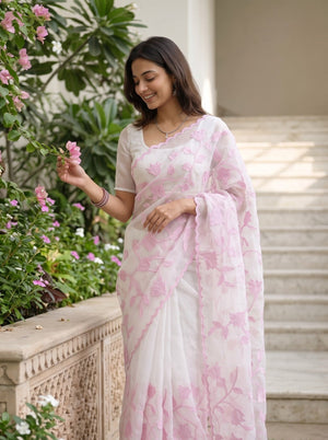 Organza White Pink Floral Vine Rosebud Embroidery Scalloped Edge