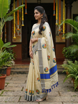 Tissue Cream Multicolor Swirl Motif with Grey Border Onam Special Kerala Saree