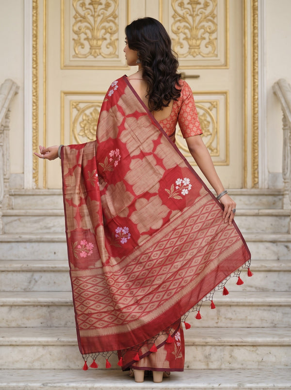 Semi Silk Red Floral Bouquet Medallion Print Saree with Tassels