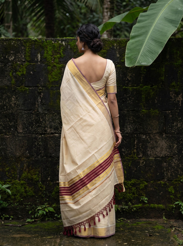 Tissue Cream Gold Maroon Striped Border Onam Special Kerala Saree