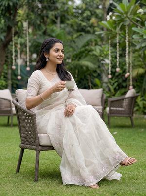 Organza Ivory Floral Leaf Embroidery  Saree