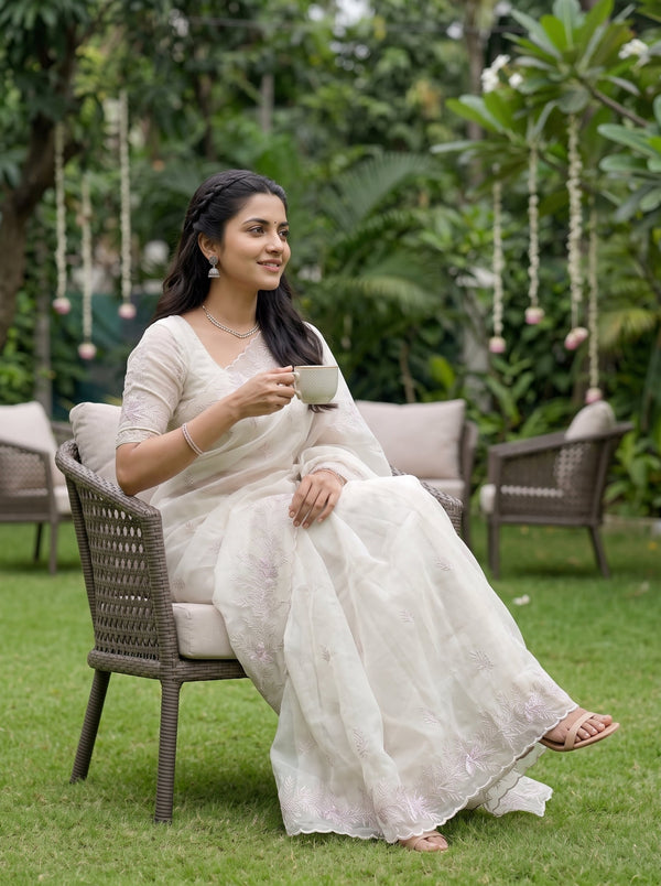 Organza Ivory Floral Leaf Embroidery  Saree