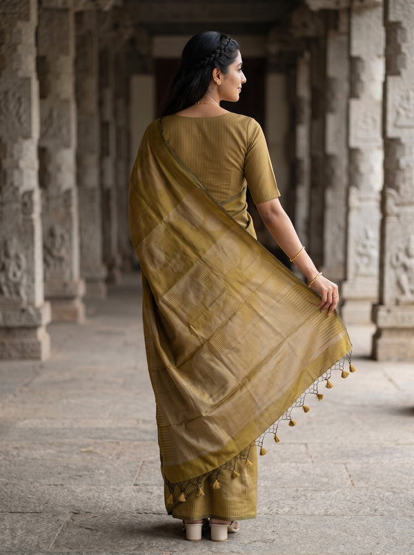 Matka Silk Mustard Golden Self-Tone Weave Saree with Tassels