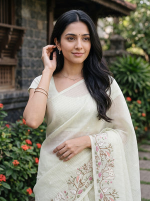 Mul Chanderi Pale Green White Striped Animal Swan Lotus Embroidered Border Tassels Saree