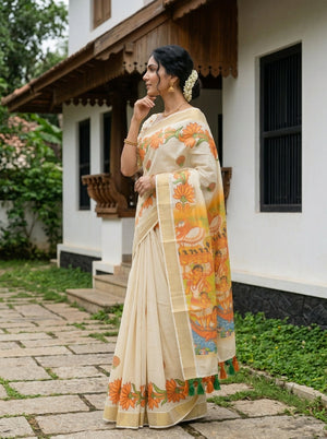 Tissue Cream Floral Mural Scene Print Tasseled Kerala Set Saree