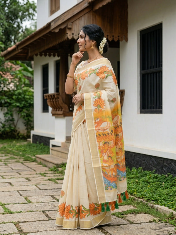 Tissue Cream Floral Mural Scene Print Tasseled Kerala Set Saree