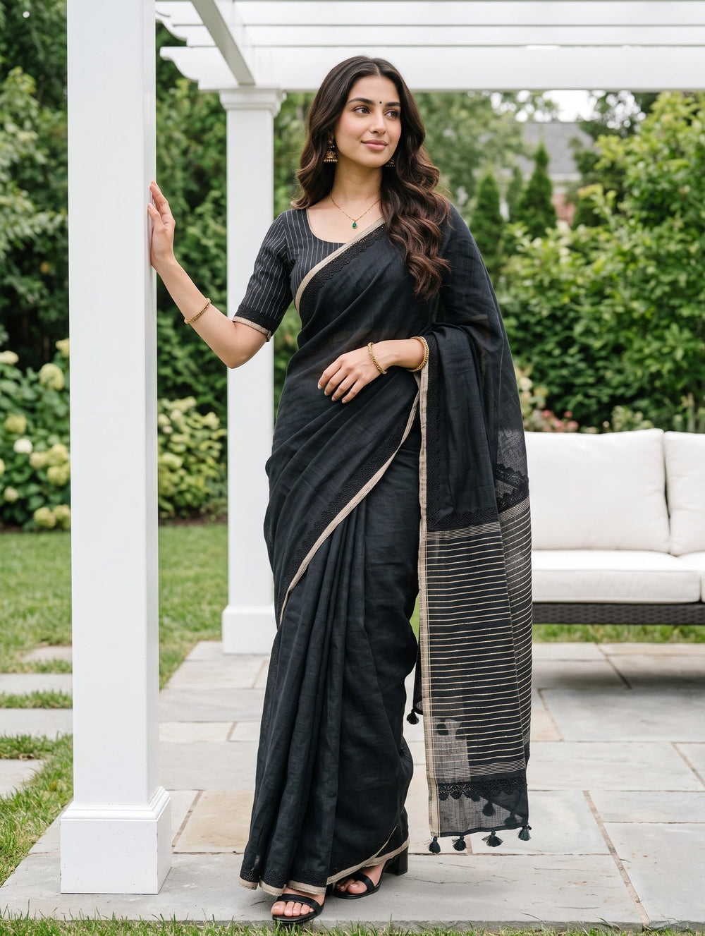 Linen Black Saree with Zari Striped Pallu & Tassels