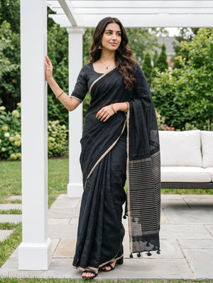Linen Black Saree with Zari Striped Pallu & Tassels