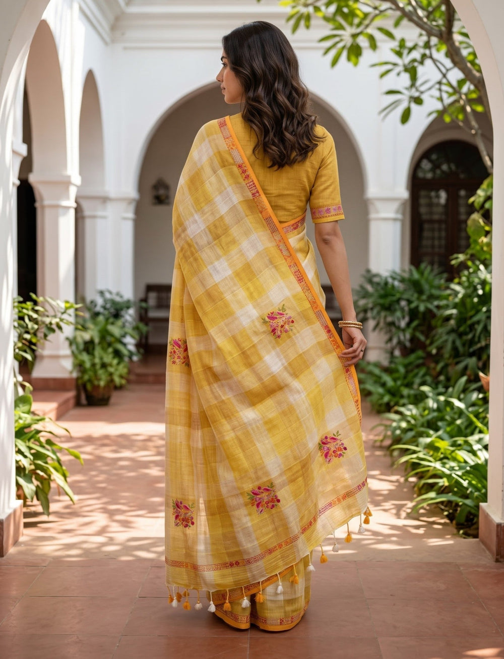 Linen Mustard Yellow Check Bird Floral Bouquet Embroidery Border Saree