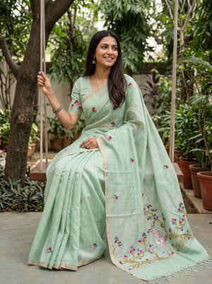 Chanderi Mint Green Crane Floral Tree Motif Saree