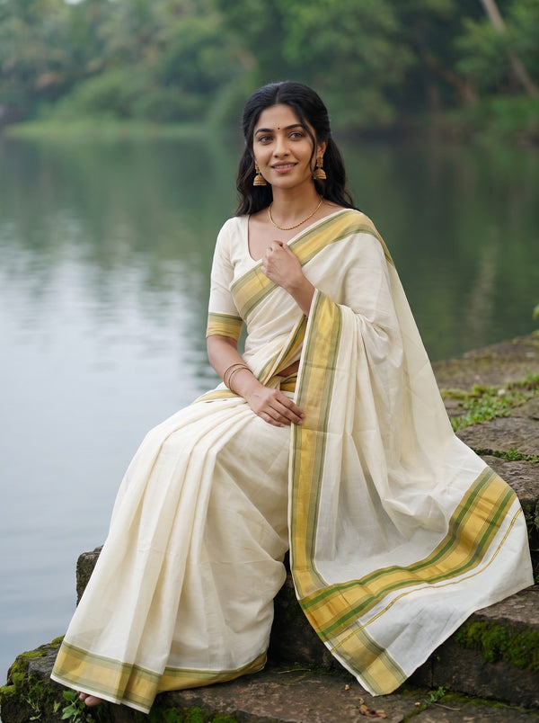 Cotton Cream Gold Green Striped Border Onam Special Kerala Saree