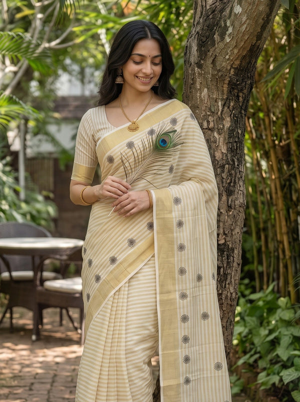 Cotton Cream Floral Butta Print Kerala Saree with Golden Zari Border