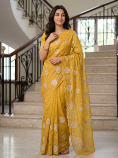 Organza Mustard Yellow Golden Rose Applique Sequin Embroidered Allover Floral Vine Saree