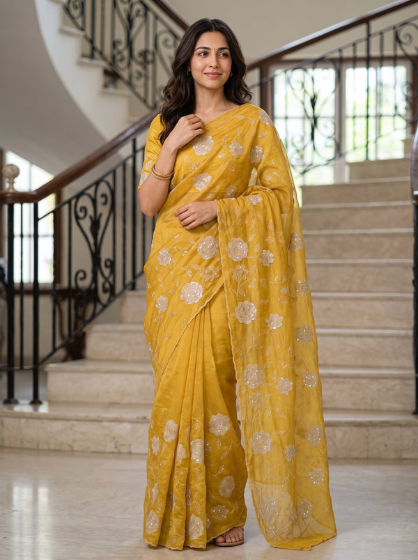 Organza Mustard Yellow Golden Rose Applique Sequin Embroidered Allover Floral Vine Saree