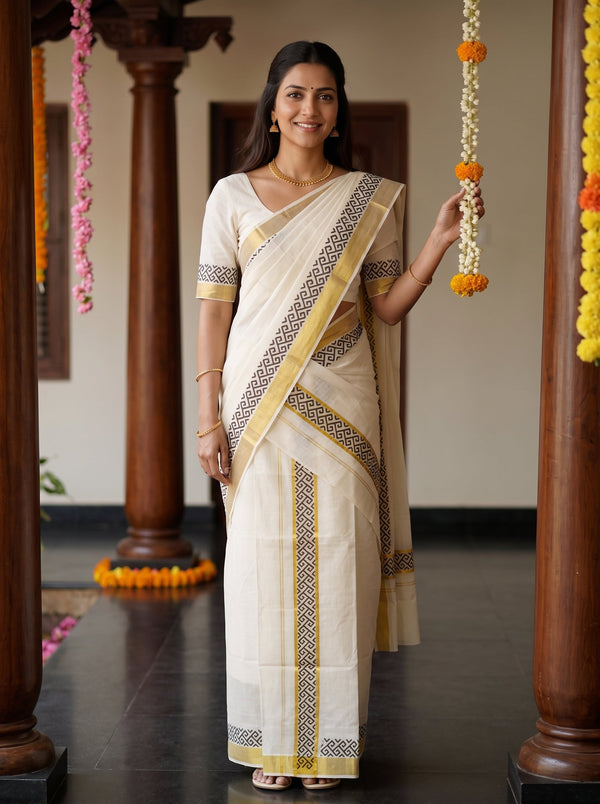 Cotton Cream Black Geometric Print Onam Kerala Set Mundu