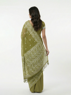 Chanderi Cotton Moss Green Traditional Motif Saree