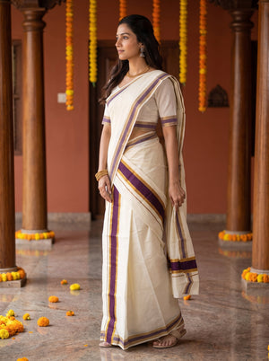 Cotton Cream Body Deep Purple Golden Stripe Border Onam Kerala Set Mundu