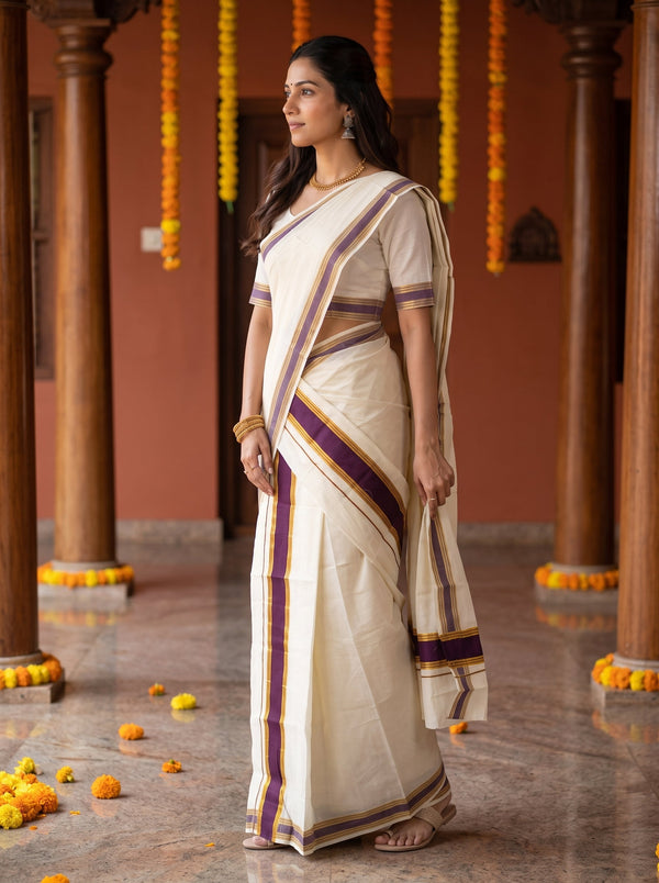 Cotton Cream Body Deep Purple Golden Stripe Border Onam Kerala Set Mundu