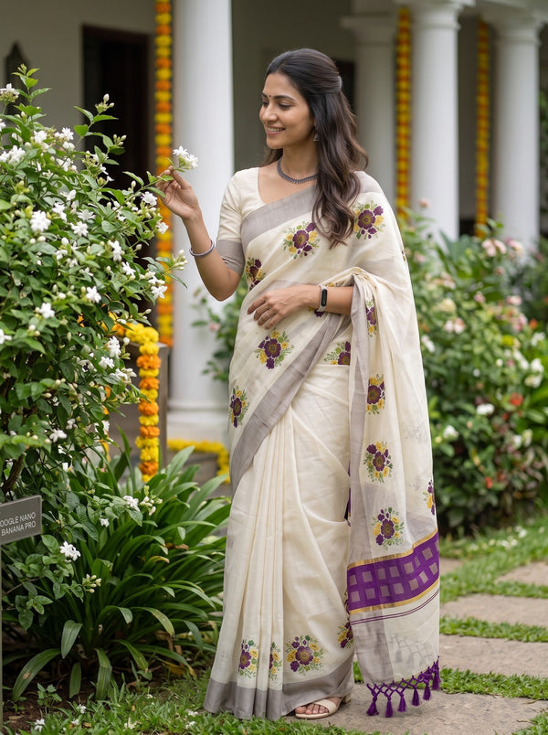 Tissue Cream Purple Floral Print Zari Border Kerala Saree