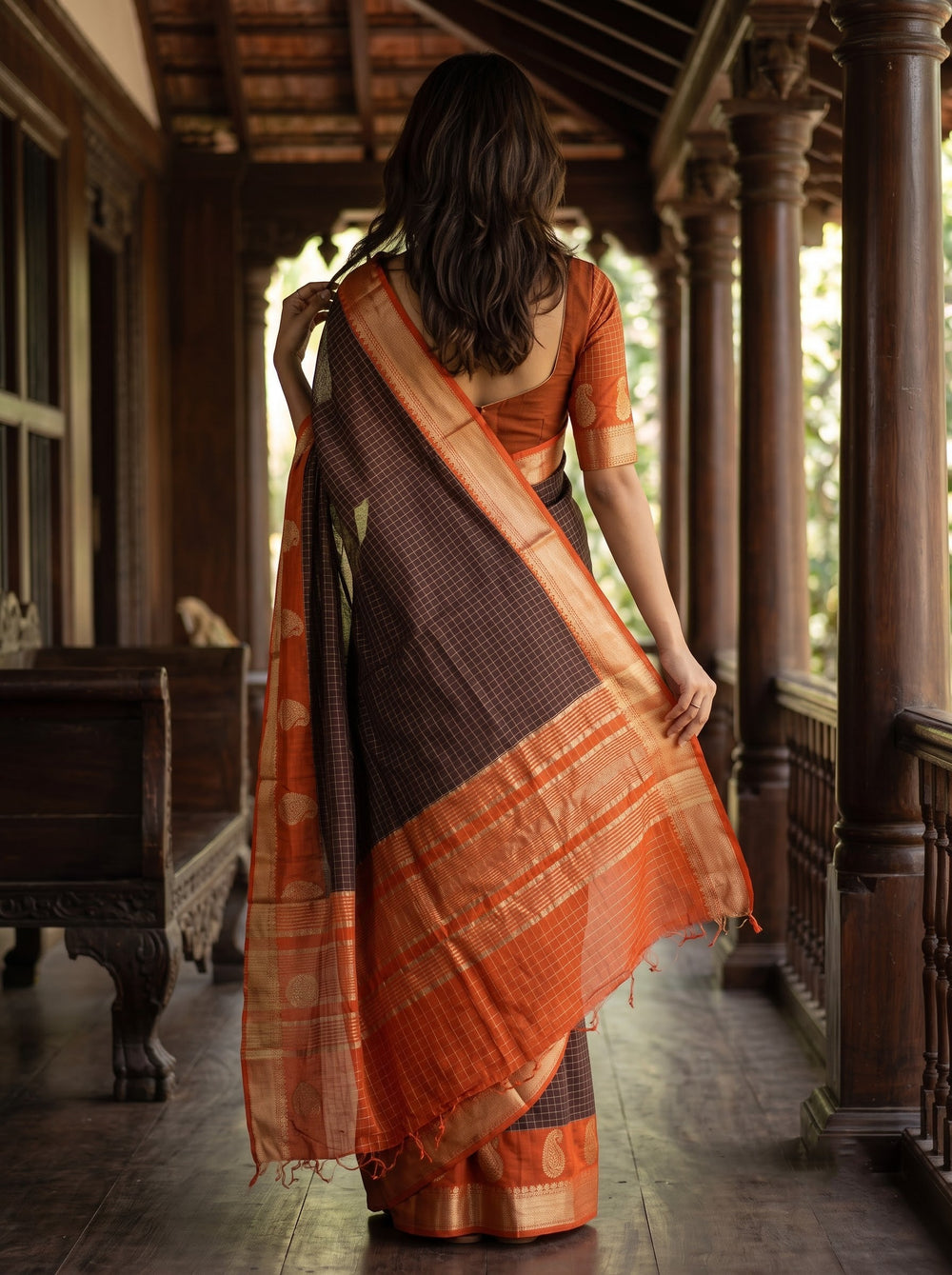 Semi Silk Deep Brown Check Weave Saree with Rust Orange Paisley Border