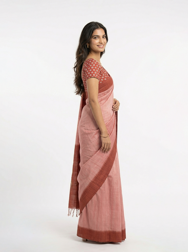 Semi Jute Peach Pink Contrast Border Saree