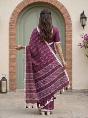 Linen Wine White Striped Border Tasseled Saree