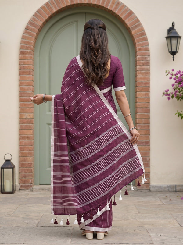 Linen Wine White Striped Border Tasseled Saree